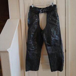 Vintage Thick Black Leather Adjustable Lined Biker Chaps Side & Pocket Zipper M